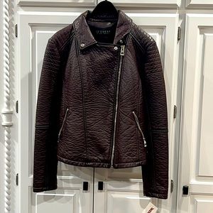 Guess XXL dark brown/ wine leather offset zipper jacket. NWT